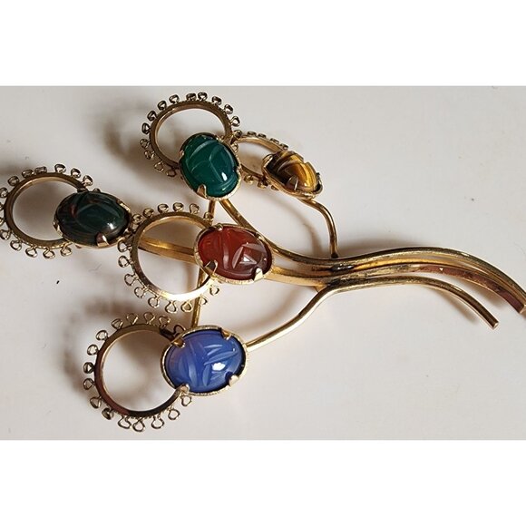 Vintage D'Or 1/20 12K GF Brooch With Multicolored Scarab Stones Fall Colors MCM - Picture 8 of 8